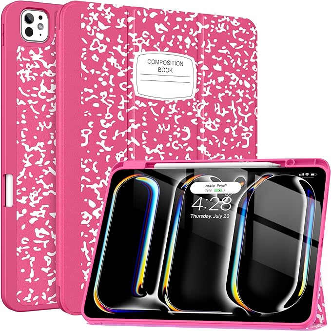 Soke Case for New iPad Pro 13 Inch (M5/M4, 2025/2024 Release), with Pencil Holder Trifold Stand Shockproof [Support Apple Pencil Charging + Auto Wake/Sleep], Soft TPU Back Cover, Book Hot Pink