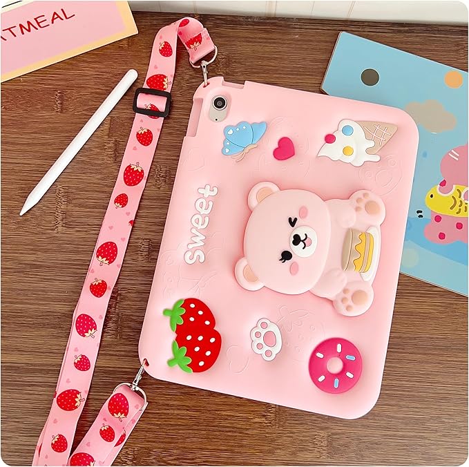 iPad 10th/11th Generation A16 Case Kids - 11 inch Soft Silicone Shockproof Cover with Pencil Holder,Adjustable Shoulder Strap & Stand for School,Cute Bear Strawberry Gift for Teen Girls