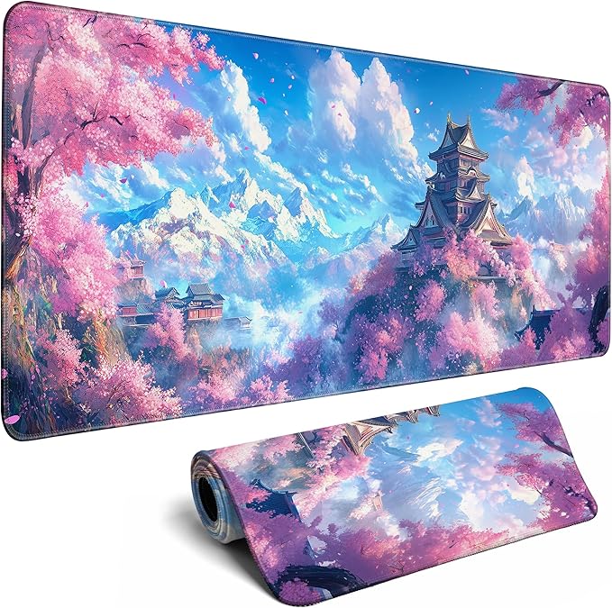 Japanese Cherry Blossom Desk Mat Anime Gaming Mouse Pad Large Desk Pad for Desk Computer Pc Laptop Office Decor, Mouse Keyboard Pad Stitched Edges Non-Slip Rubber Mat Desk Pad, 31.5x11.8 in