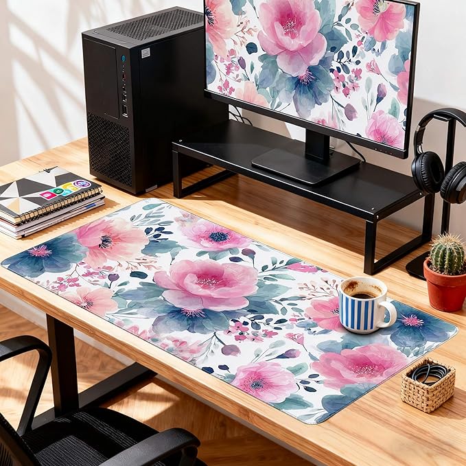 Desk Cover Mat, Floral Large Mouse Pad, Computer Laptop Mat Desk Decor for Women Girls 31.5 X 15.7 Inch (Watercolor Pink Flowers)