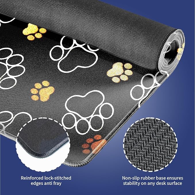 Extra Large Gaming & Office Mouse Pad (31.5" x 11.8") – Abstract Cute Dog Paw Prints Gold and White Design, Premium Anti-Slip XXL Desk Mat with Durable Stitched Edges