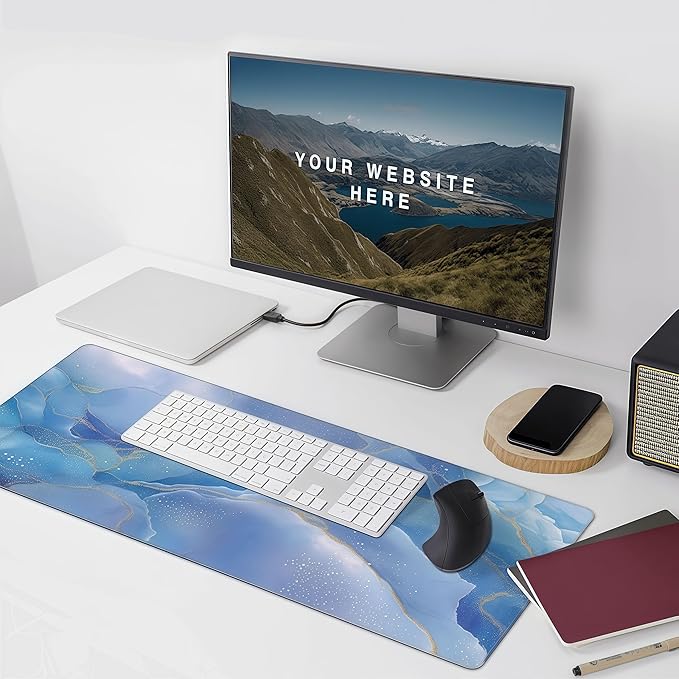 Large Blue Marble Pattern Mouse Pad, Non-Slip Rubber Base, 35.4 x 15.7 Inches, Office and Home Desk Accessory
