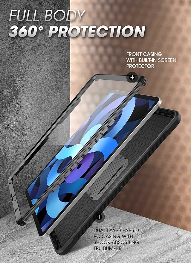 SUPCASE for iPad Air 5th Generation Case / iPad Air 4th Generation Case with Pencil Holder (Unicorn Beetle Pro), [Built-in Screen Protector & Stand] Rugged Case for iPad Air 5/4 10.9 Inch, Black