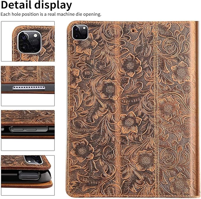Gexmil Genuine Leather Case for iPad pro 11 Inch 2022/2021 4th/3rd Gen, iPad Pro 11 2020/2018 Cover 2nd/1st Gen. Cover,Real Leather Cowhide Shockproof,Floral Pattern