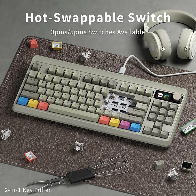 OHY XVX Wired 75% Retro Gaming Keyboard with 2 HUB Ports, M87 Pro Mechanical Keyboard with Customizable Switches, Compact Gamer RGB - Grey