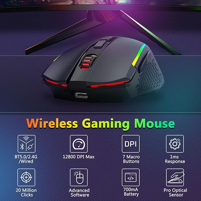 Redragon Wireless Gaming Keyboard and Mouse Combo, Bluetooth/2.4G/USB-C Wired, RGB Backlit, 60% Portable Quiet Rechargeable Macro Membrane Keyboard & 12800 DPI Mouse with Software for Win/MAC