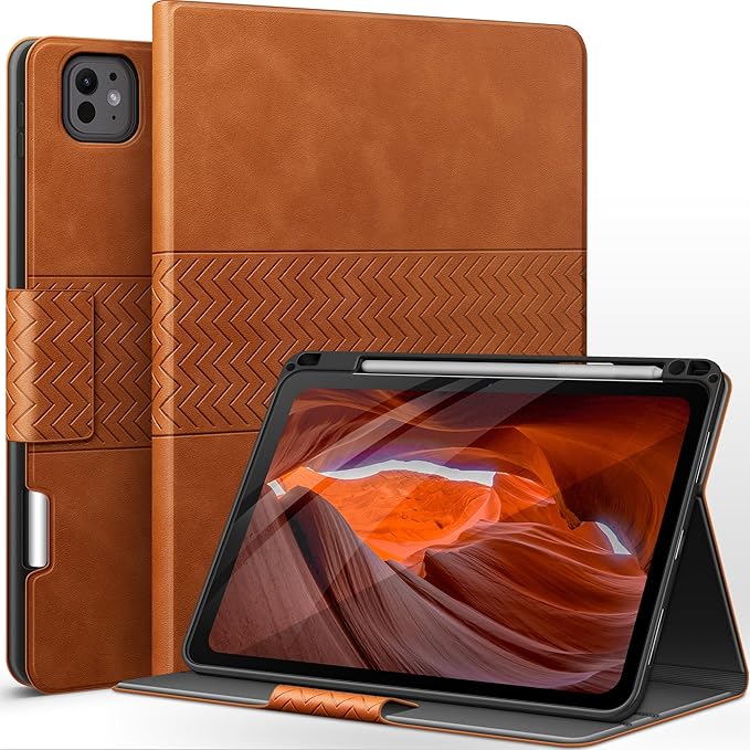 auaua Case for iPad Pro 11 Inch (M5/M4) 2025/2024, PU Leather Case with Pencil Holder, Supports Pencil Pro and Pencil(USB-C), Adjustable Angles, Auto Sleep/Wake (Brown)