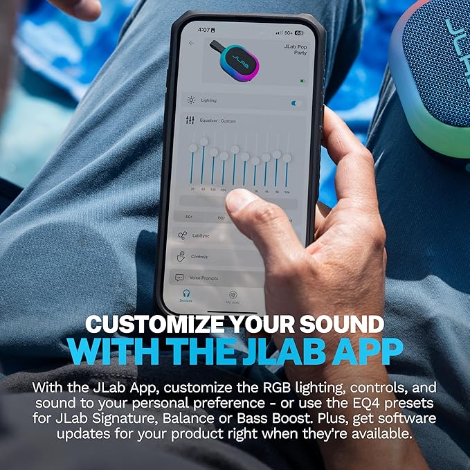 JLab, Pop Party, Portable Bluetooth Speaker, Waterproof, RGB LED Lighting, Navy