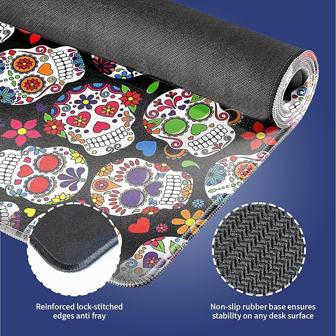 XXL Gaming Mouse Pad with Stitched Edges for Home & Office - Colorful Sugar Skull Abstract Seamless Floral Day of The Dead Design, Smooth Cloth Surface Anti-Slip Rubber Base Large Desk Mat