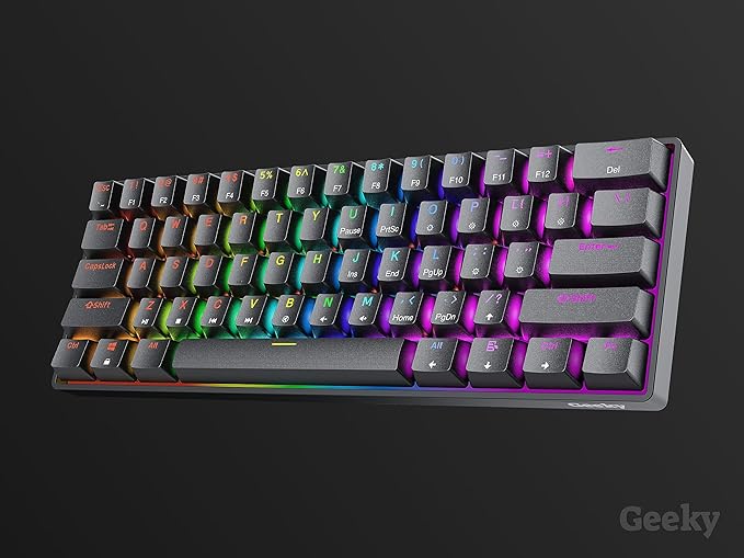 Geeky GK61 60% | Hot Swappable Mechanical Gaming Keyboard | 61 Keys Multi Color RGB LED Backlit for PC/Mac Gamer | ANSI US American Layout (Black, Mechanical Red)