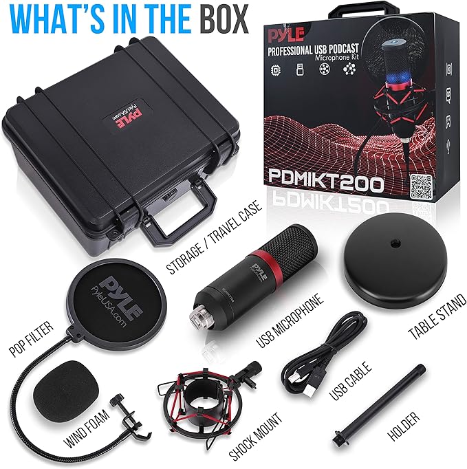 Pyle USB Microphone Podcast Recording Kit - Audio Cardioid Condenser Mic w/Shock Mount Stand & Pop Filter, for Gaming PS4, Streaming, Podcasting, Studio, YouTube, Works w/Windows PC Mac PDMIKT200