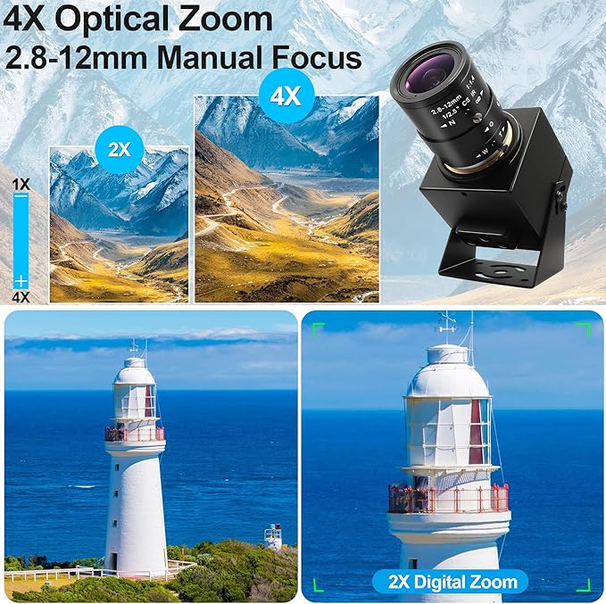 MMlove 4K USB HDMI Camera 8MP 60FPS High Speed Camera USB3.0 Simultaneous Output Webcam 2.8-12mm 4X Optical+2X Digital Zoom Golf Swing Webcam Close up Zoom in and Out for 3D Printer PC Laptop Pi