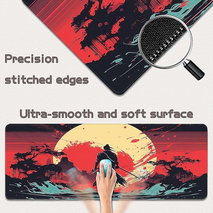 Gaming Mouse Pad - (31.5"×11.8") Japanese Samurai Large Mouse Pads for Desk - Desk Mat for Keyboard and Mouse with Non-Slip Base, Desks Pad Matfor Game/Office & Home