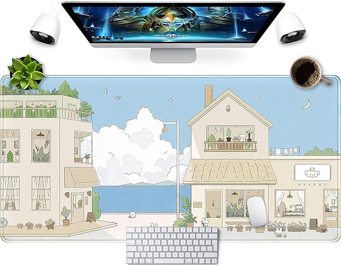 Cute Desk Mat Kawaii Mousepad Japanese Street Mouse Pad, Blue and Brown Cute Anime Keyboard Mat 31.5"x15.75", Large Mouse Pad XXL Gaming Desk Pad XL Office Decor for Women Girls Laptop Keyboard Pad