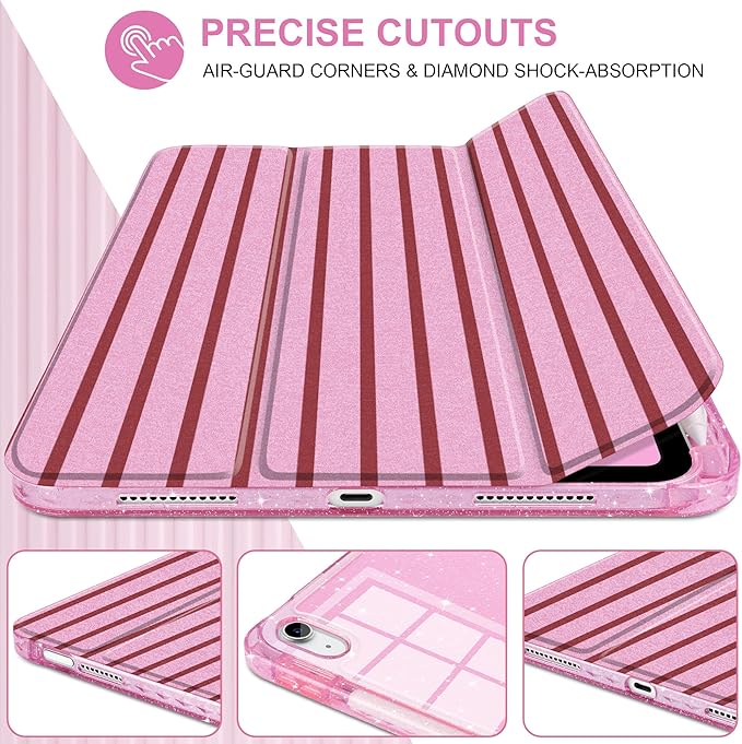 DONGKE for iPad Pro 11 inch Case – Fits M5 2025 / M4 2024, Shockproof Sparkling Glitter Acrylic Back, Pencil Holder, Trifold Stand, Auto Sleep/Wake & Touch ID Support - Pink Stripes