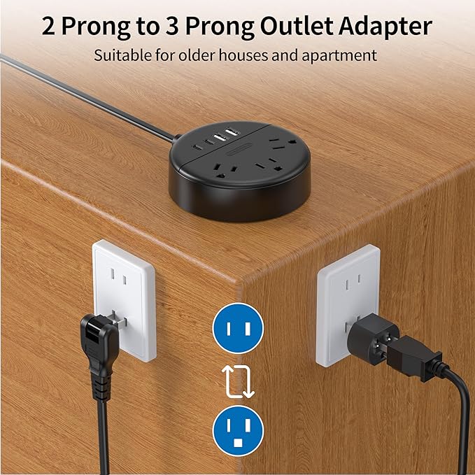 NTONPOWER 2 Prong Extension Cord 15ft, 1875W/15A 2 Prong Power Strip, 2 Prong to 3 Prong Outlet Adapter with Rotatable Plug, 3 AC Outlets 4 USB(2 USB C), Wall Mount, Ideal for Older House, Home Office