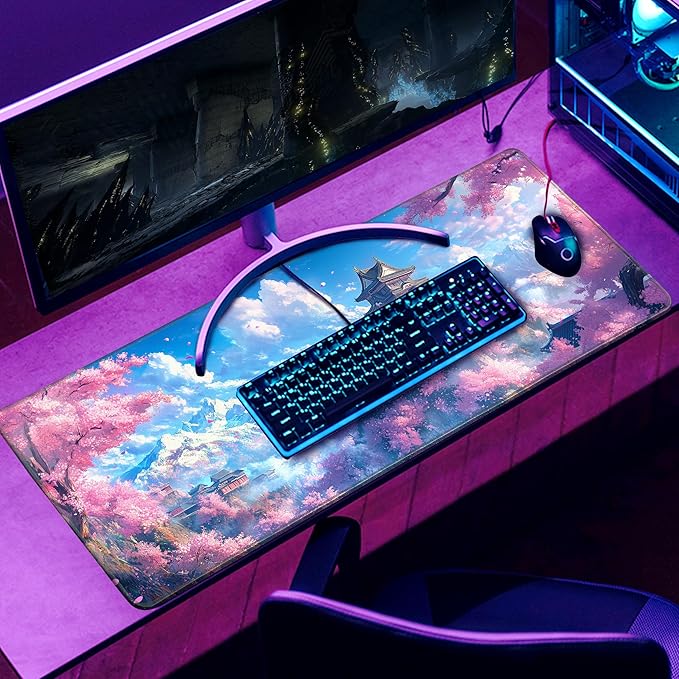 Japanese Cherry Blossom Desk Mat Anime Gaming Mouse Pad Large Desk Pad for Desk Computer Pc Laptop Office Decor, Mouse Keyboard Pad Stitched Edges Non-Slip Rubber Mat Desk Pad, 31.5x11.8 in