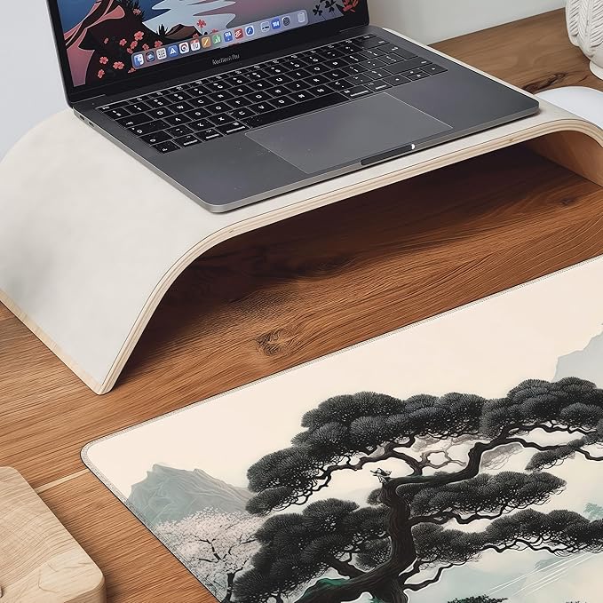 XXL Desk Mat Mouse Pad, Ink Wash Cherry Blossom Design, Washable Rubber Anti-Slip, Stitched Edges, 35.4 x 15.7 Inches, Rectangular, for Computer Work Gaming