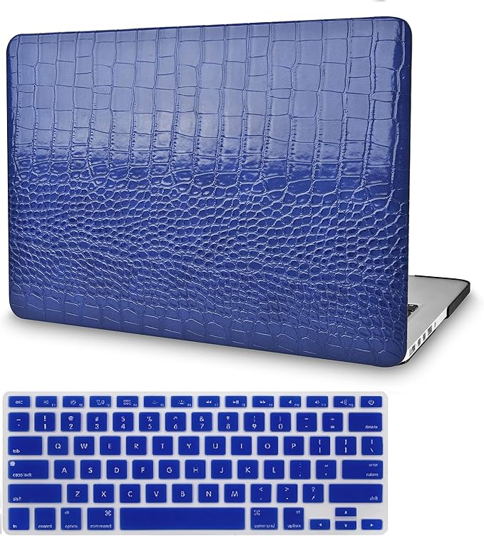 KECC Compatible with MacBook Pro 13 inch Case 2020-2025, 2016-2019 Release M2 M1 A2338 A2289 A2251 A2159 A1989 A1706 A1708 Italian Leather Hard Shell + Keyboard Cover, Navy Crocodile Leather