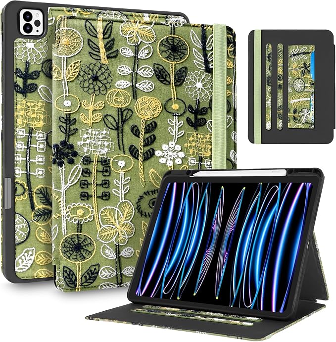 Uppuppy for iPad Air 13 Inch Case M3 2025/M2 2024, for iPad Pro 12.9 Case 6th/5th/4th/3rd Gen - Women Girls Cute Embroidered Folio Stand Cover with Pencil Holder & Card Slot Design Kawaii Girly Forest
