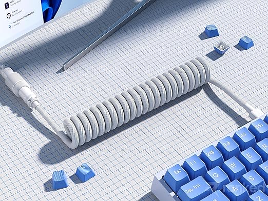 Ranked Coiled Keyboard Cable | Handcrafted Double-Sleeved Braided Cable | USB Type C to A | 5-Pin Aviator Connector for Custom Mechanical Gaming Keyboard | Support Fast Charge 20W (White)