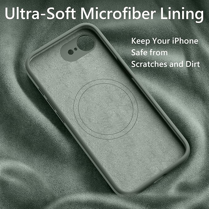FireNova Magnetic for iPhone 17e Case/iPhone 16e Case, Compatible with MagSafe, [Silicone Camera Protection] Microfiber Lining Phone Case, 6.1", Calke Green