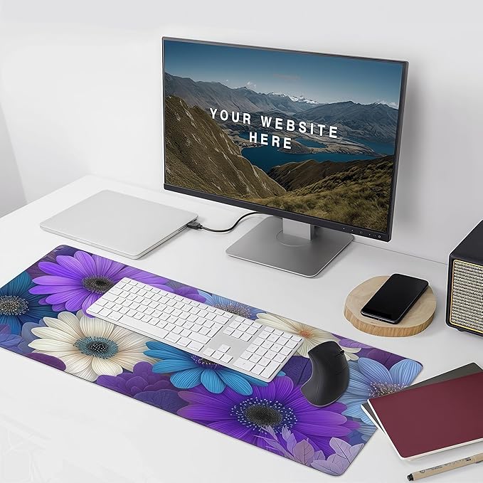 Vibrant Purple Daisy Mouse Pad, Large Desk Mat with Colorful Floral Design, 35.4 x 15.7 Inches, Rubber Base for Office, Gaming, and Laptop