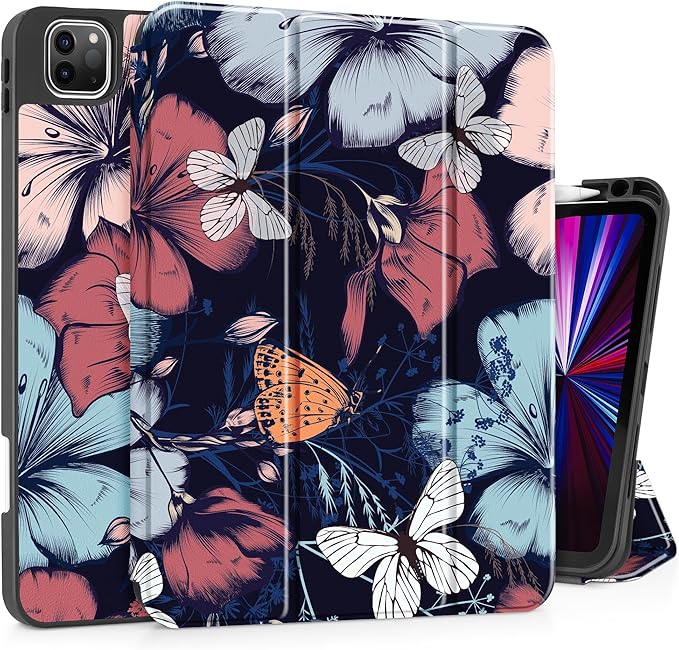 May Chen Case for iPad Pro 11 inch (4th, 3rd, 2nd & 1st Gen) 2022 2021 2020 2018, Trifold Stand + Pencil Holder + Auto Wake/Sleep + Soft TPU Protective Stand Back Cover, Flowers & Butterflies