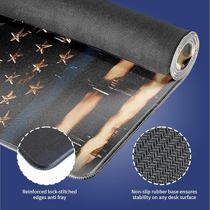 Extra Large Gaming & Office Mouse Pad (31.5" x 11.8") – Rustic Wood American Flag Retro US Thin Blue Line Design, Anti-Slip XXL Desk Mat with Durable Stitched Edges & Smooth Cloth Surface