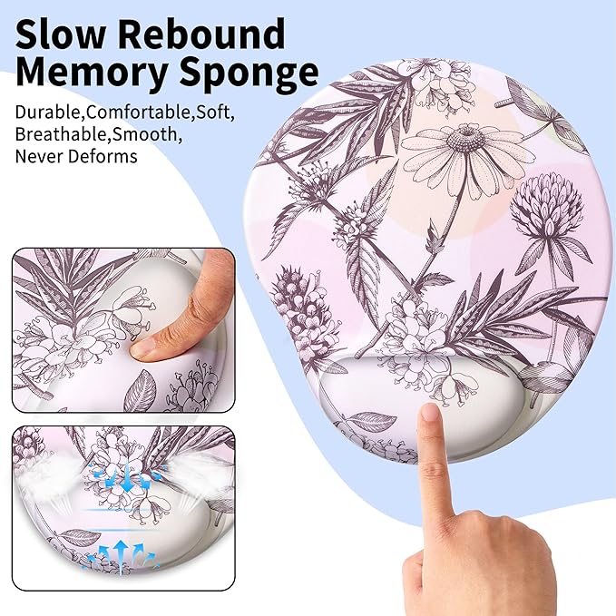 Ergonomic Mouse Pad with Wrist Support Cute Mouse Pads with Wrist Rest,Comfortable Mouse Pad for Home Office Gaming Working Computers Laptop Pain Relief with Non-Slip PU Base (Cute Floral)