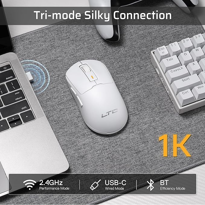 LTC GM024 Tri-Mode Wireless Gaming Mouse, 59g Ultra-Light Ergonomic Gaming Mouse 2.4Ghz/BT/Wired, 6-Level DPI 8000 Max, 1000Hz, 5 Programmable Buttons, Pro Software