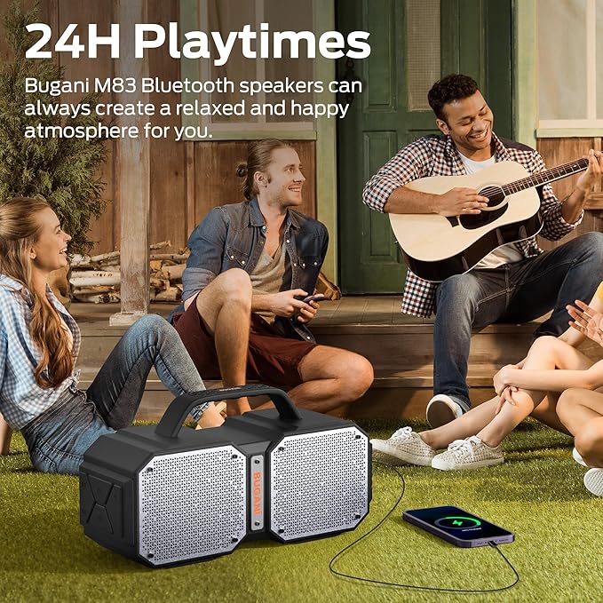 BUGANI Shock Bluetooth Speaker, Portable Bluetooth 5.3, Waterproof, 60W Super Power, Outdoor Speaker, Black(New Model)