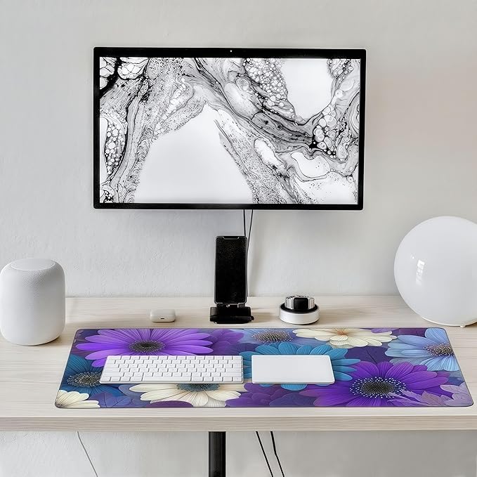 Vibrant Purple Daisy Mouse Pad, Large Desk Mat with Colorful Floral Design, 35.4 x 15.7 Inches, Rubber Base for Office, Gaming, and Laptop