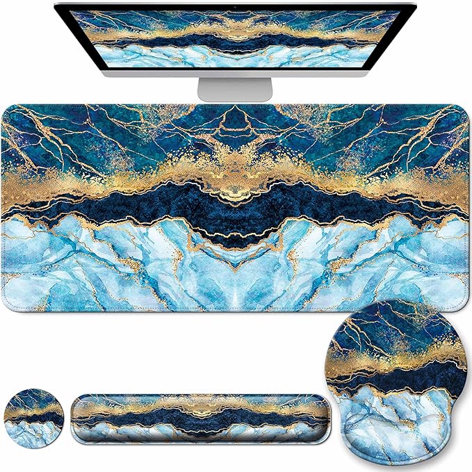 Desk Mat Set + Keyboard and Mouse Pad with Wrist Rest Support,4-in-1 Large Mousepad Computer Mats for Desktop Home & Office-Marble 2