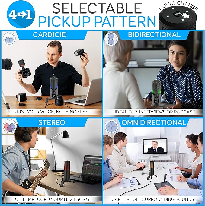USB Microphone Selectable Pickup Pattern-4 in 1 Polar Pattern Selector Audio Cardioid Condenser Mic w/LED Effect Lights, Podcast Recording Kit for Gaming Streaming Podcasting Studio-Pyle PDMIUSBMT300