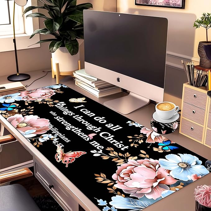 Extended Large Mouse Pad Set 31.5 x 15.7 – Christian Floral All-in-One Desk Set with Keyboard Wrist Rest, Mouse Wrist Rest & Coaster, Ergonomic Desk Accessories for Women, Faith-Inspired Office Gift