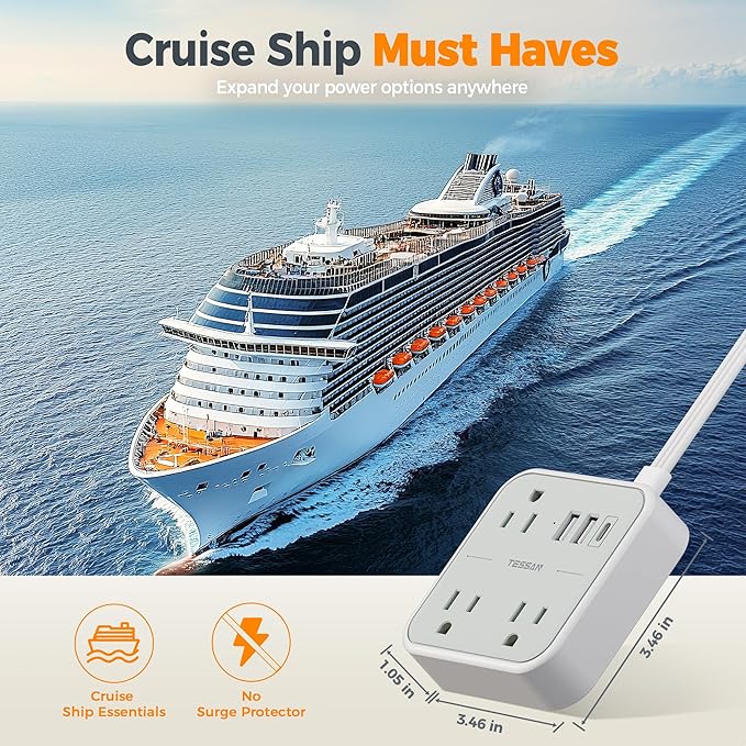 TESSAN Ultra Thin Flat Extension Cord 5 FT, Slim Power Strip with USB Ports (1 USB C), Non Surge Protector Flat Plug Wall Charger with 3 Outlets for Office, School, Alaska Cruise Essentials, Grey