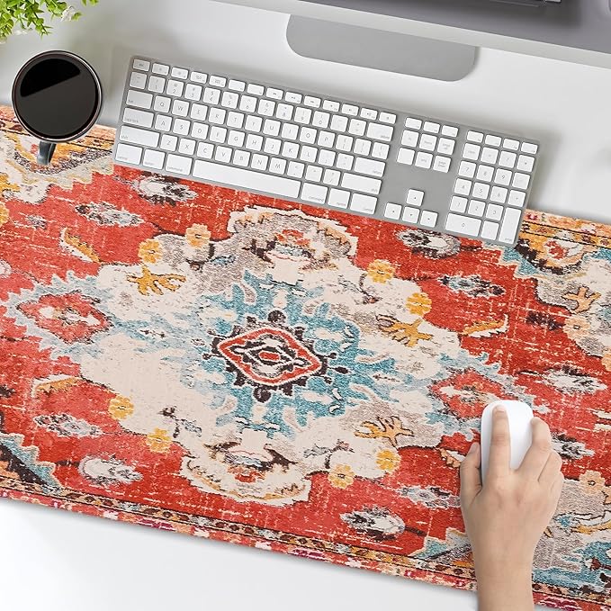 Vintage Rug Mouse Pad XXL Red Orange Retro Carpet Aesthetic Extended Table Mat 90X40 cm Non-Slip Rubber Base Stitched Edge Large Mousepad for Gaming Laptop Computer Desk Top 35.4×15.7 Inch