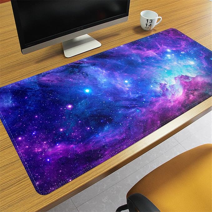 Meffort Inc Extra Large Extended Gaming Desk Mat Non-Slip Rubber Pads Stitched Edges Mouse Pad 35.4 x 15.7 inch - Galaxy Clouds