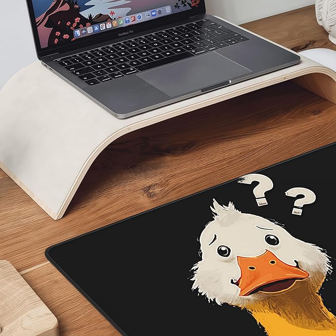 Cute Duck with Question Mark XXL Large Mouse Pad, 35.4x15.7 Inches Extended Desk Mat, Non-Slip Rubber Base, Black Gaming Mouse Pad for Wireless Mice and Keyboards