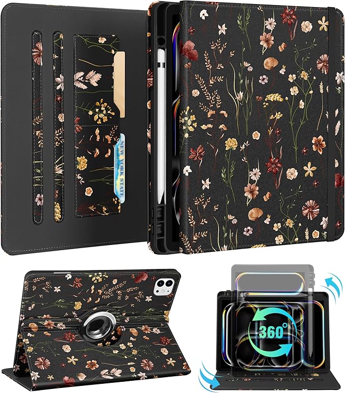 Kidcube for iPad Pro 13 Inch Case M4 2024 - Women Girls Cute Rotating Stand Folio Cover with Pencil Holder & Card Slot Flowers Floral Unique Design for iPad Pro 13 Inch Case 2024 (A2925 A2926 A3007)