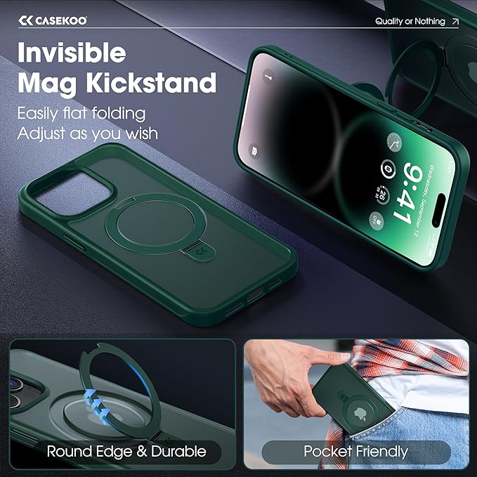 CASEKOO Designed for 14 Pro Case with Magnetic Invisible Stand [Military Drop Protection] [Compatible with MagSafe] Shockproof Slim Translucent Matte Pro Case 6.1 Inch, Green