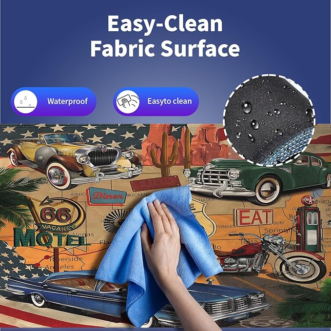 Extra Large Gaming Mouse Pad (31.5" x 11.8") – Celebration of Historic Route 66 & Retro Cars Motorcycle on a Map Road Trip Vintage Americana, XXL Desk Mat with Durable Stitched Edges
