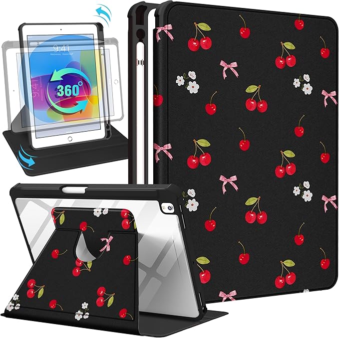 Uppuppy for iPad 9th/8th/7th Generation Case for iPad Air 3rd/ Pro 10.5” Case - 360 Rotating Stand Folio Smart Cover with Pencil Holder for Women, Cherry Bow Flowers for Apple Tablet 7/8/9 Gen 10.2”