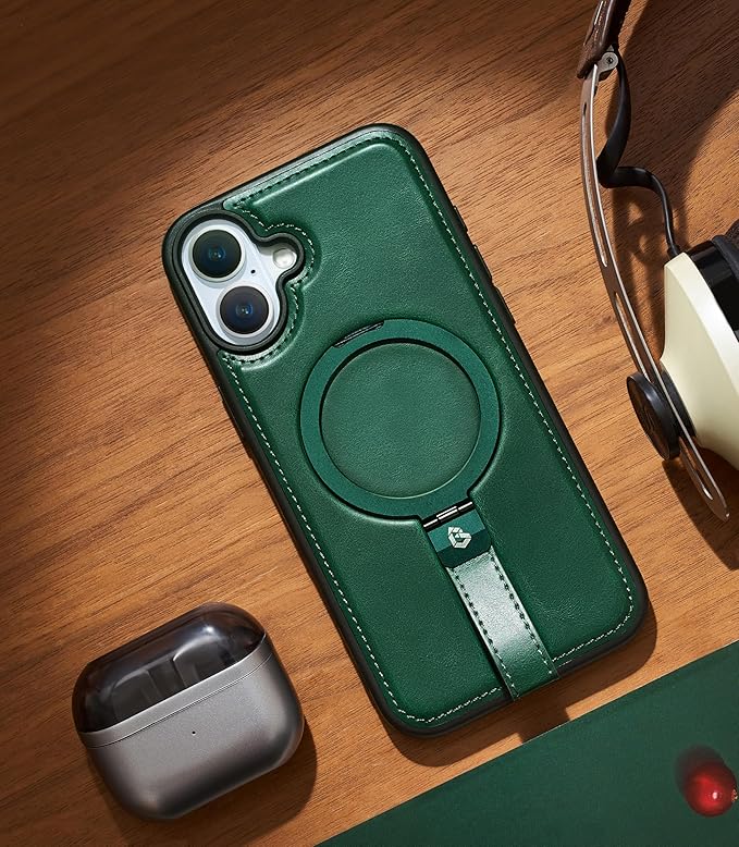 Butaiga for iPhone 17 Leather Case with Stand, Anti-Slip Grip Ring, Fits for MagSafe (Green, iPhone 17)