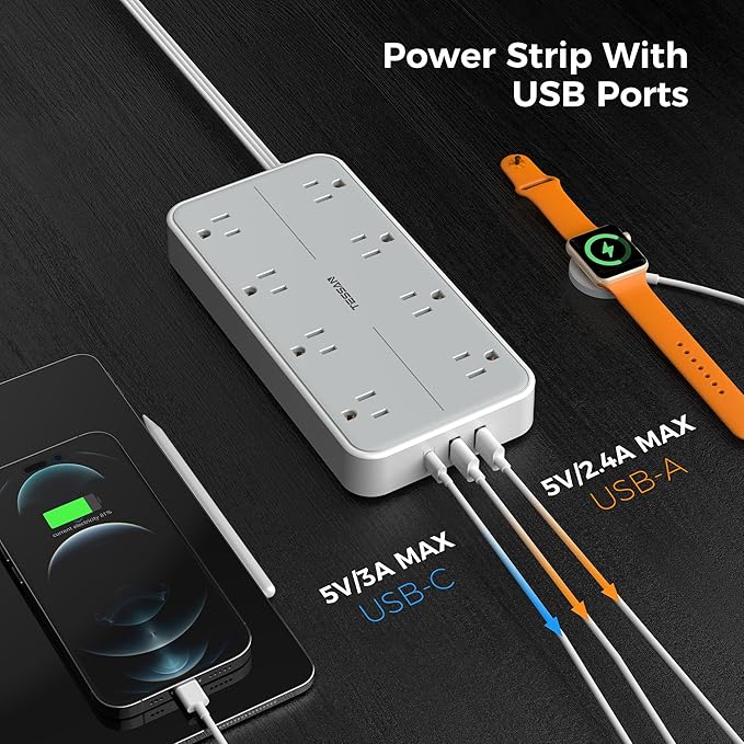 TESSAN Power Strip Surge Protector, 15FT Flat Plug Extension Cord with 8 Outlets 3 USB Charger(1 USB C), 1080 Joules Protection, Wall Mountable Charging Station for Home Office Dorm, Gray