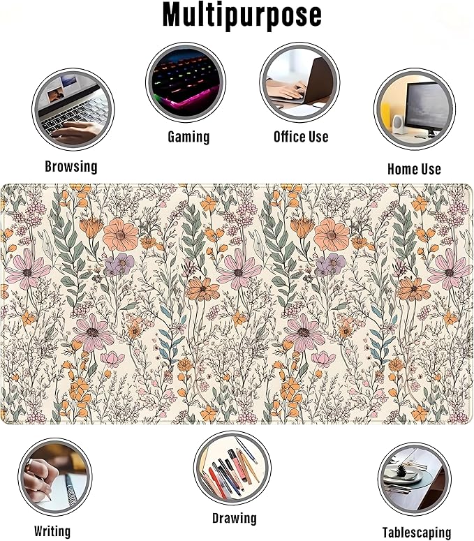 Wild Flowers Gaming Mouse Pad, Floral Cute Keyboard Mouse Mat, Full Desk Protector, Aesthetic Desk Decor 31.5"x15.75"