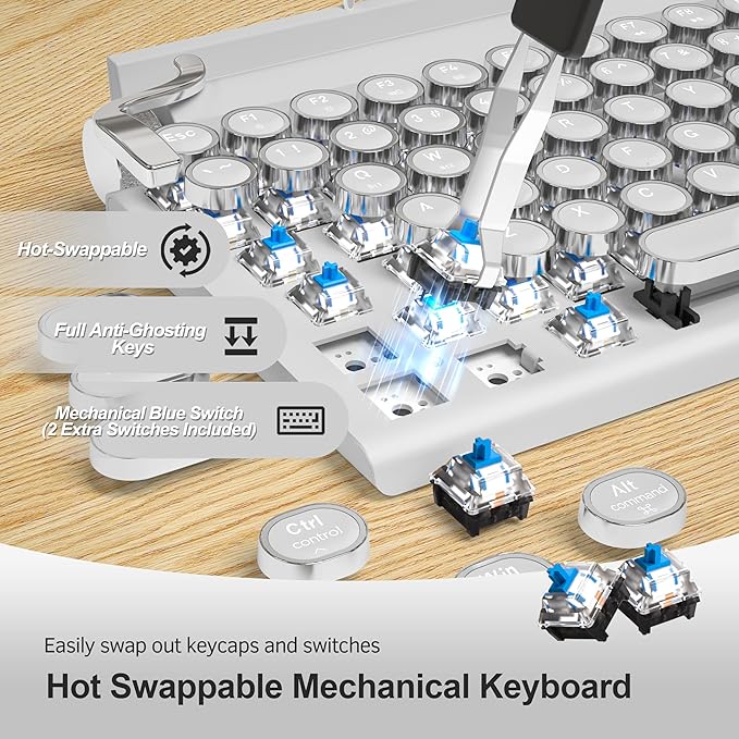 Retro Typewriter Wireless Mechanical Gaming Keyboard, Bluetooth 5.0 Office Computer Vintage Keyboards 83-Key Blue Switches Punk Round Keycap, LED Backlight, Compatible with PC/Laptop/Pad/Phone, White