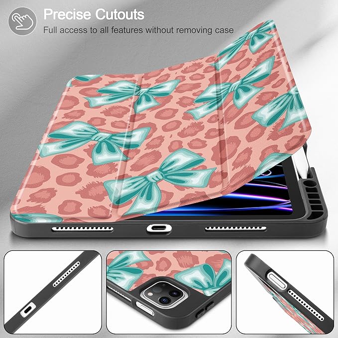 May Chen for iPad Pro M2 12.9 inch Case 6th/5th/4th/3rd Generation 2022 2021 2020 2018, Trifold Stand with Auto Wake/Sleep Soft TPU Protective Stand Back Cover, Mint Green Bow
