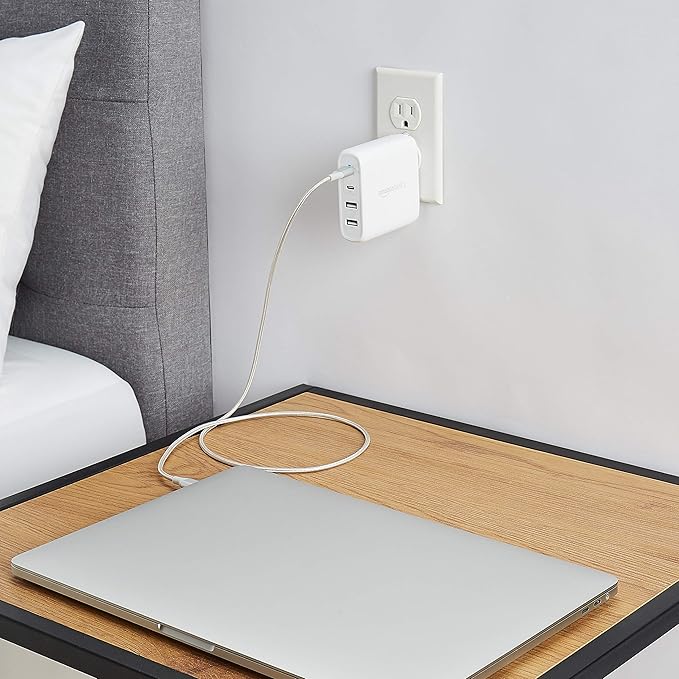 Amazon Basics 100W Four-Port GaN Wall Charger with 2 USB-C (100W, 18W) & 2 USB-A Ports (12W), PD 3.0, Foldable Plug, Portable Multi-Device Charging for Laptops, Tablets & Phones, White